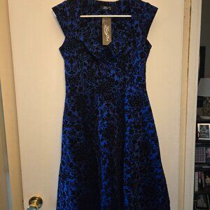 Vintage Inspired Bright Blue & Black Velvet Dress - UK Brand